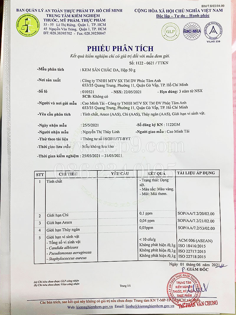 Phiếu phân tích mẫu kem tan mỡ Eva PTA